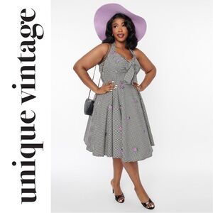 Unique Vintage Black & White Gingham Embroidered Grapes Halter Swing Dress, NWT!